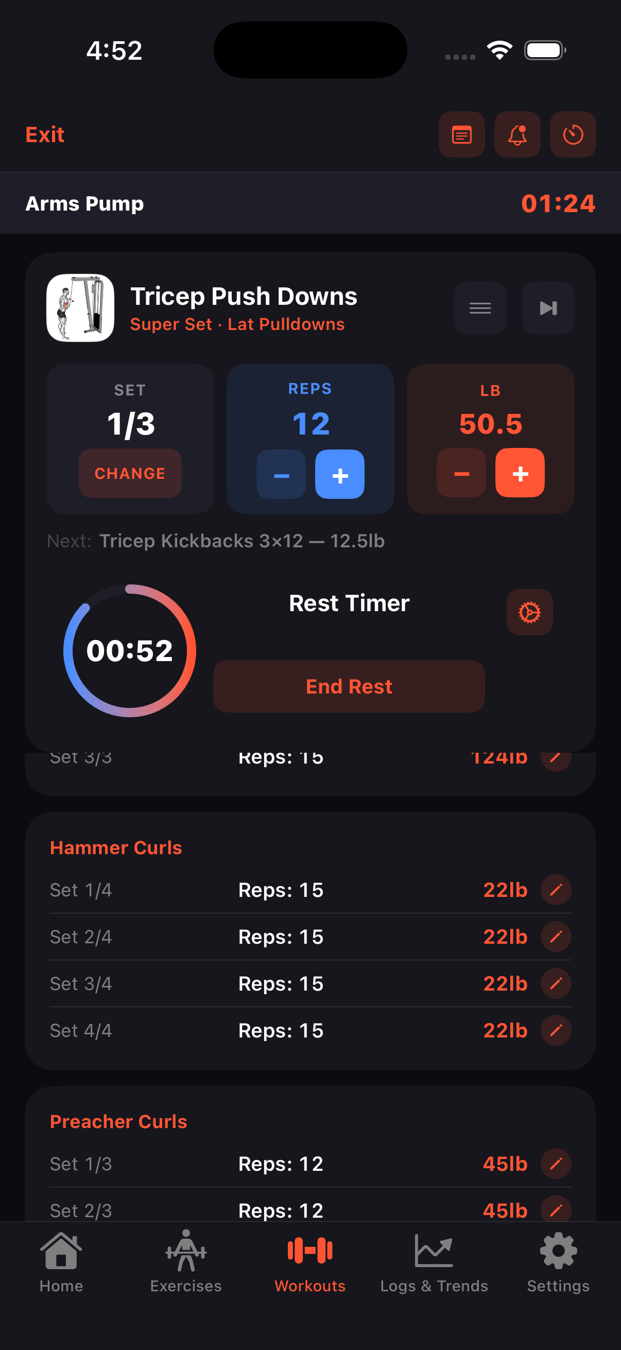 Active workout screen with rest timer