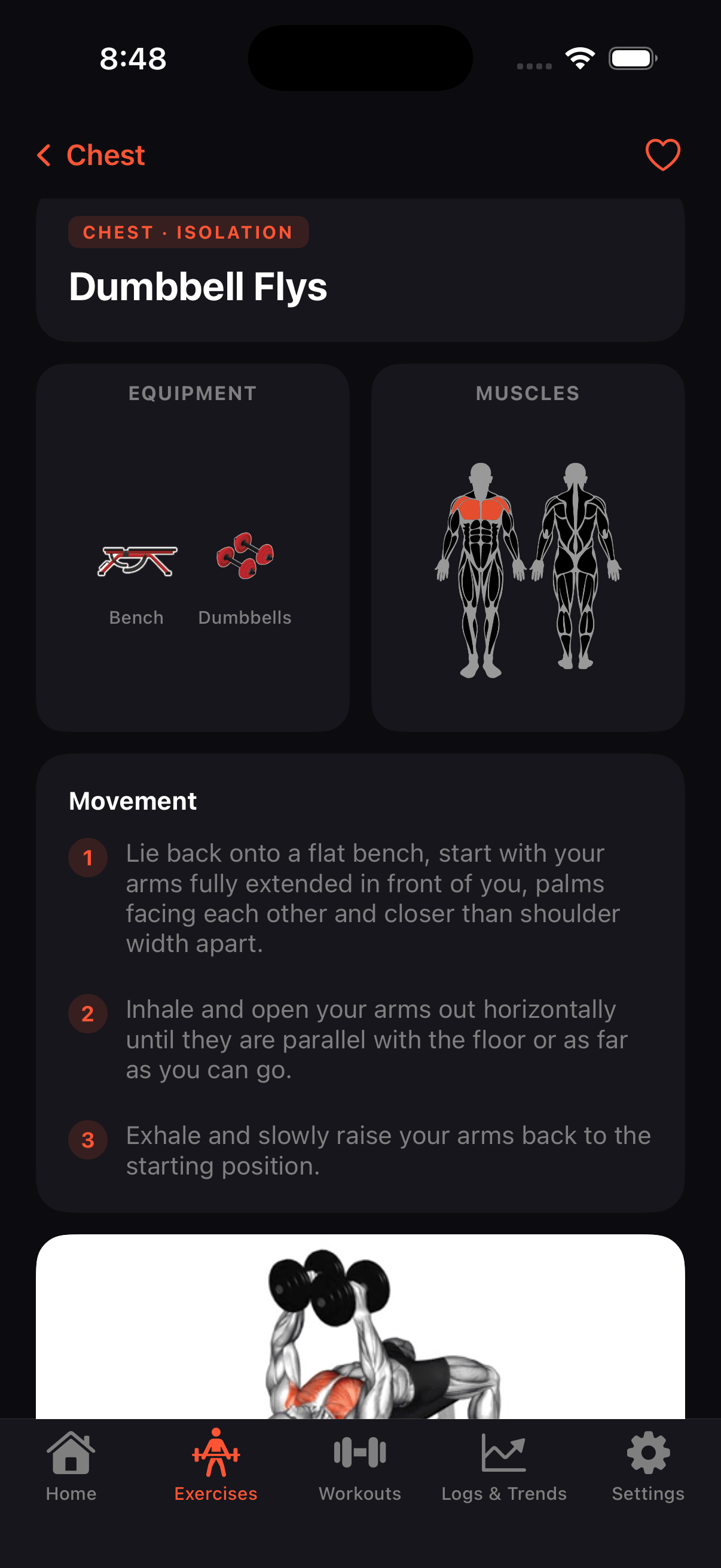 Exercise detail with animated figure